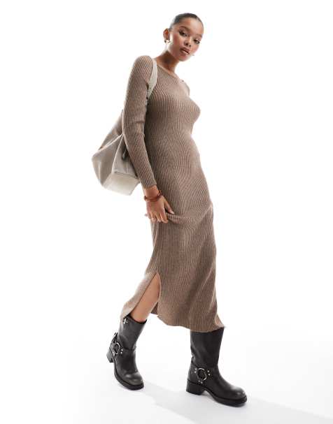 ONLY - Vestito beige a coste con scollo a barchetta e gonna al polpaccio - view 1