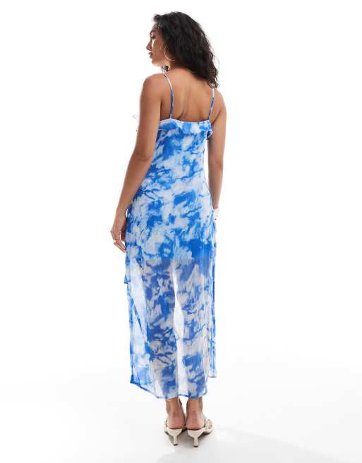 ONLY - Vestito blu con stampa astratta a balze con volant e gonna al polpaccio, 4 di 4