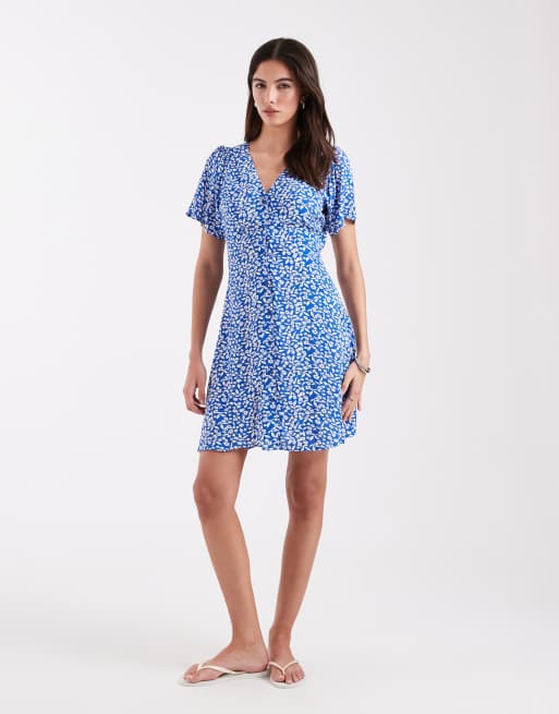 ONLY - Vestito corto allacciato in vita blu scuro a fiori con scollo a V , 3 di 4