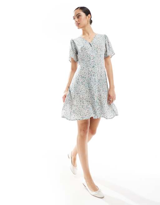 ONLY - Vestito corto allacciato in vita salvia a fiori con scollo a V , 2 di 4