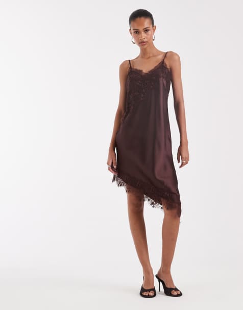 ONLY - Vestito corto asimmetrico in raso marrone con finiture in pizzo - view 1