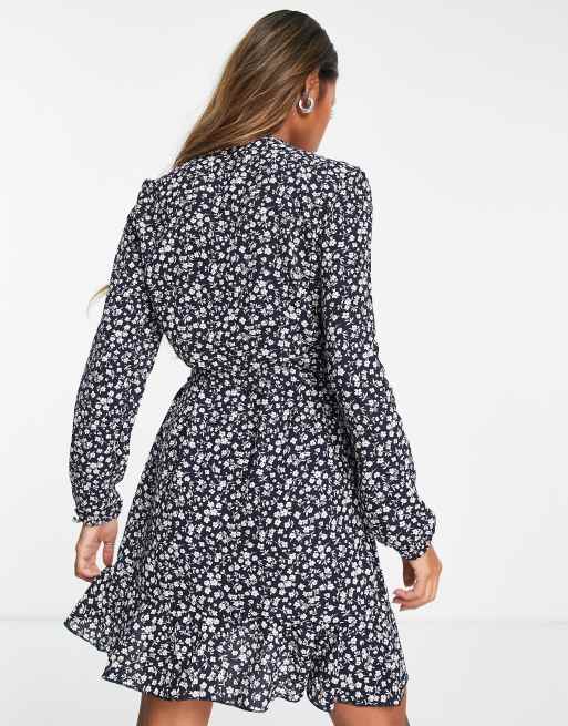 Only - Vestito corto avvolgente nero a fiori con volant sul bordo , 4 di 4
