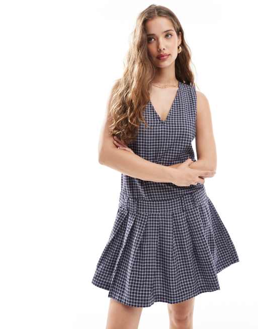 ONLY - Vestito corto blu navy a quadri con pieghe