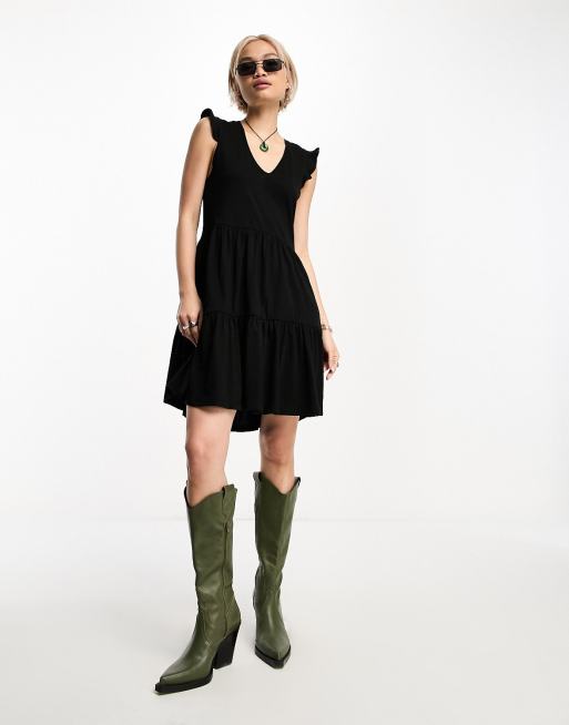 Only - Vestito corto nero a balze con volant sulle maniche , 3 di 4