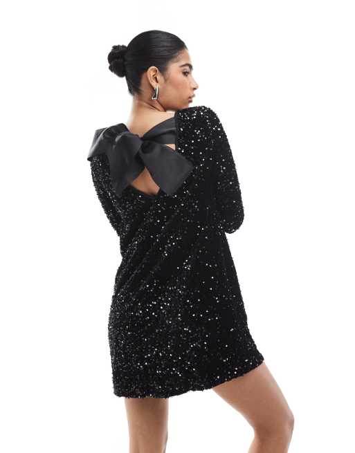ONLY Vestito corto nero con paillettes e fiocco sul retro ASOS