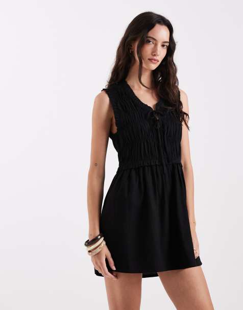 ONLY - Vestito corto senza maniche in misto lino nero arricciato - view 1