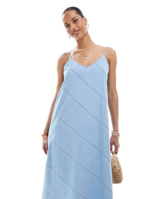 ONLY - Vestito in chambray di denim azzurro con gonna al polpaccio e spalline sottili, 2 di 4