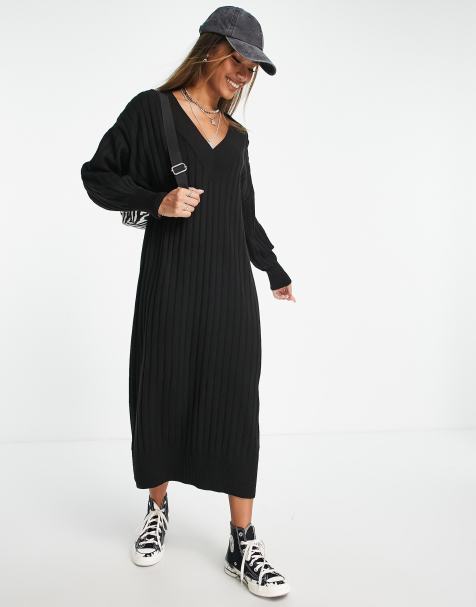 ONLY - Vestito in maglia nero con scollo a V e gonna al polpaccio - view 1