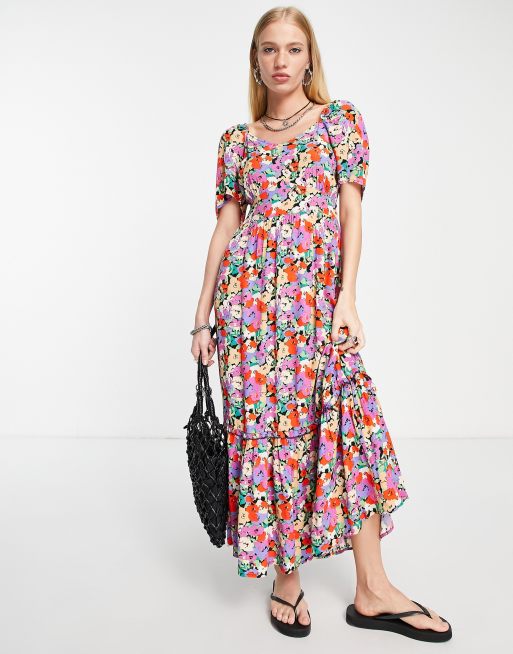 Only - Vestito lungo a balze con maniche a sbuffo a fiori rossi e viola