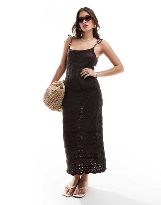 ONLY - Vestito lungo all'uncinetto marrone con dettaglio di perline 