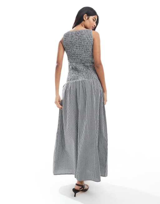 ONLY - Vestito lungo arricciato nero a quadretti con vita scesa, 3 di 4