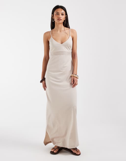 Only - Vestito lungo con spalline sottili color pietra con dettaglio sul busto