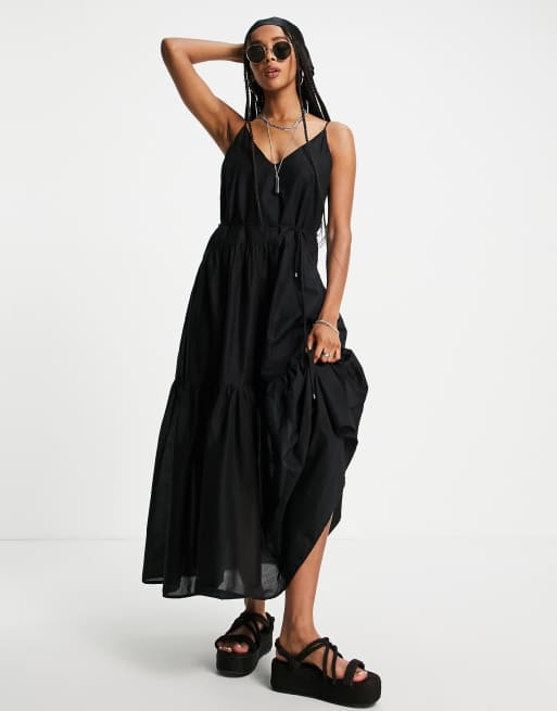 Only - Vestito lungo con spalline sottili e allacciato in vita a balze, colore nero