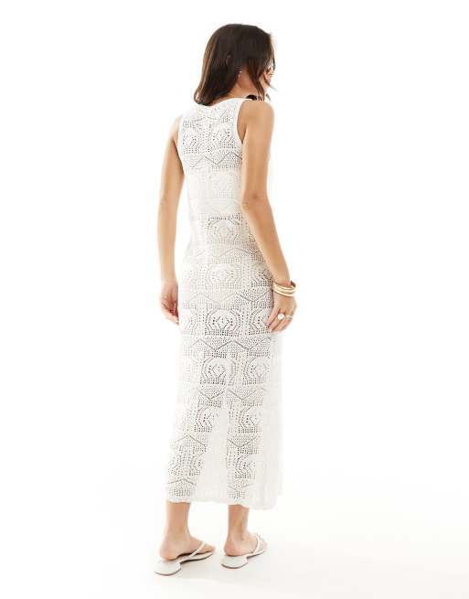 ONLY - Vestito lungo in maglia traforata bianca, 2 di 4