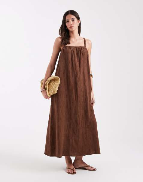 ONLY - Vestito lungo in mussola marrone cioccolato - view 1