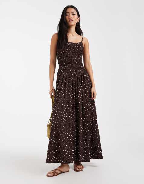 Only - Vestito lungo senza maniche marrone a pois con arricciature - view 1