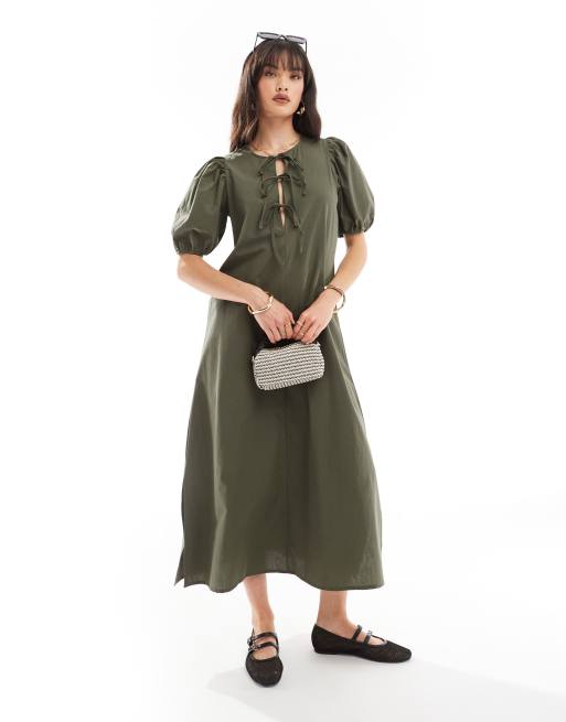 ONLY - Vestito lungo verde oliva con fiocchi e maniche a sbuffo  