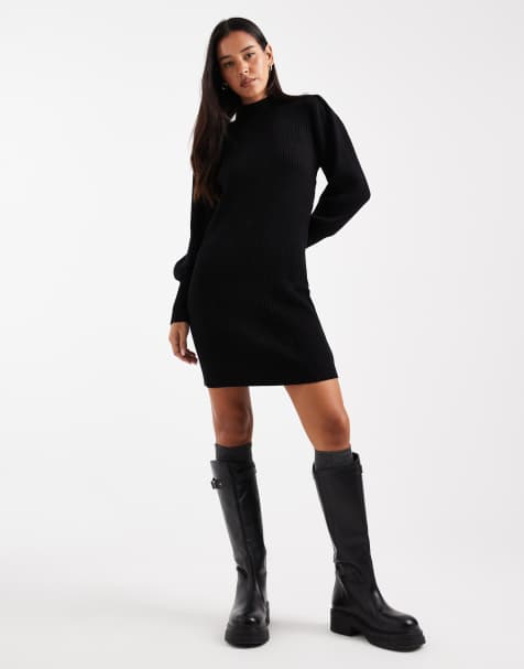 Only - Vestito maglia corto accollato nero con maniche a sbuffo - view 1