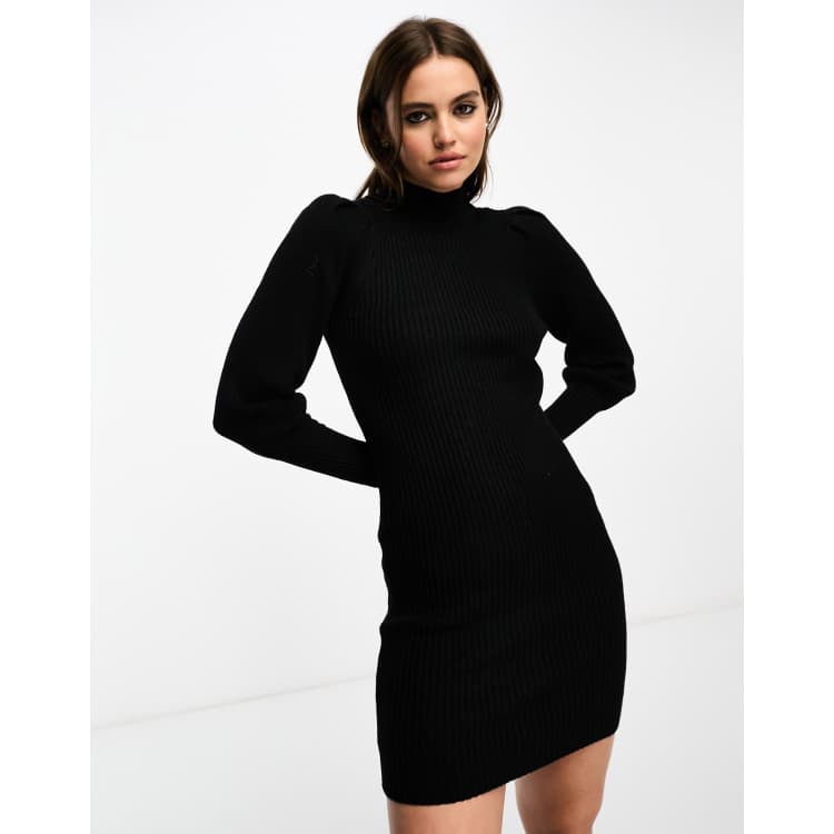 Only Vestito maglia corto accollato nero con maniche a sbuffo ASOS