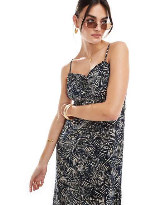 ONLY - Vestito midi con spalline sottili e stampa di foglie blu , 2 di 4