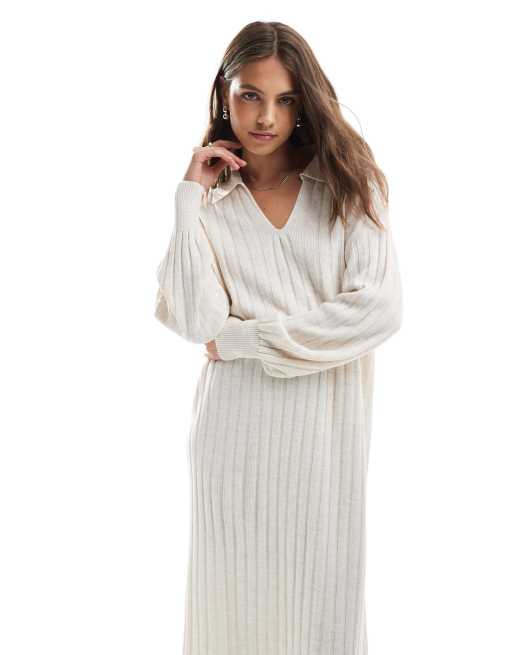 ONLY - Vestito midi in maglia color pietra con colletto stile polo, 3 di 4
