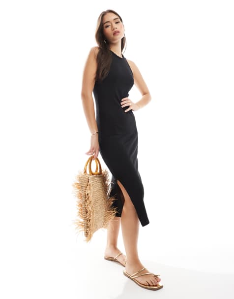 Only - Vestito midi nero a coste con scollo a vogatore - view 1