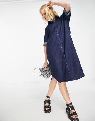 Only - Vestito midi oversize taglio lungo in denim blu scuro