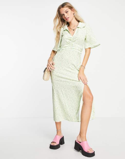 Only - Vestito midi verde a fiori con scollo a V e colletto