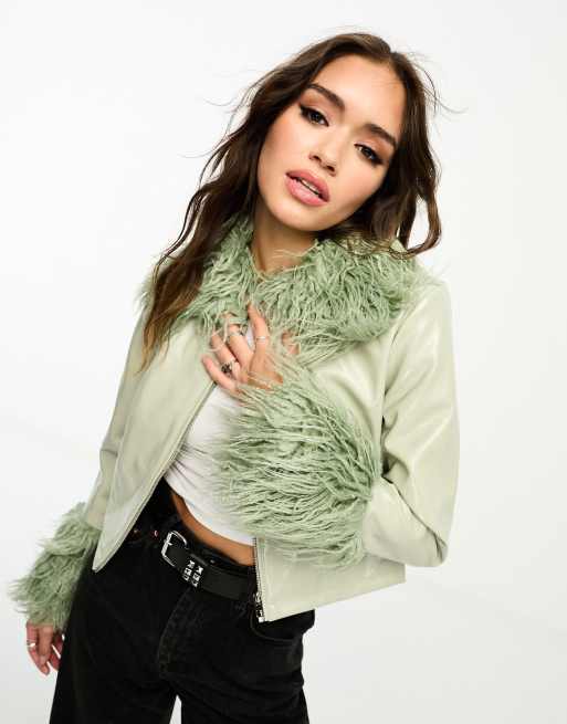 Only vinyl shaggy faux fur trim jacket in sage | ASOS