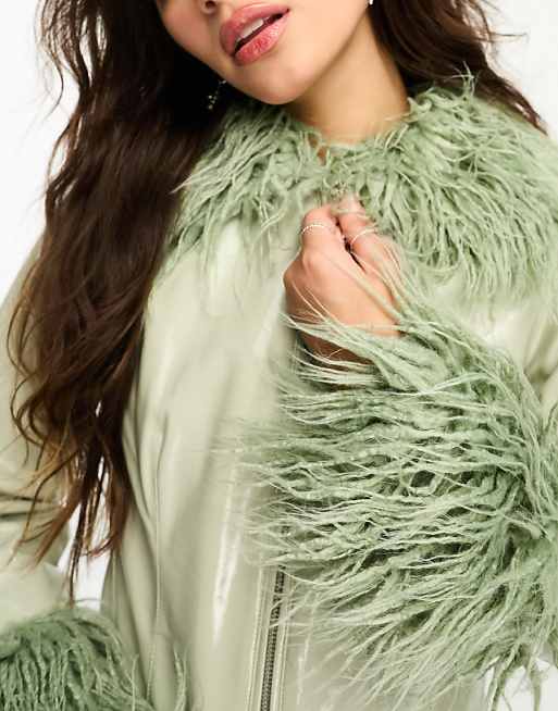 Only vinyl shaggy faux fur trim jacket in sage | ASOS Only vinyl shaggy faux fur trim jacket in sage | ASOS