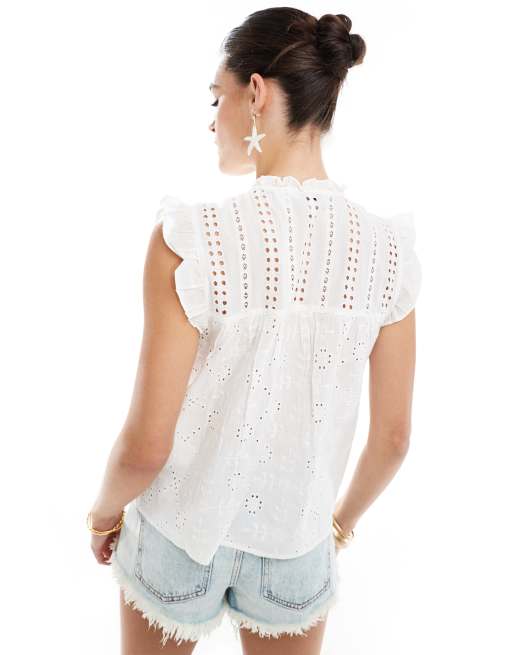 ONLY – Vit ärmlös topp i broderie anglaise , 4 av 4