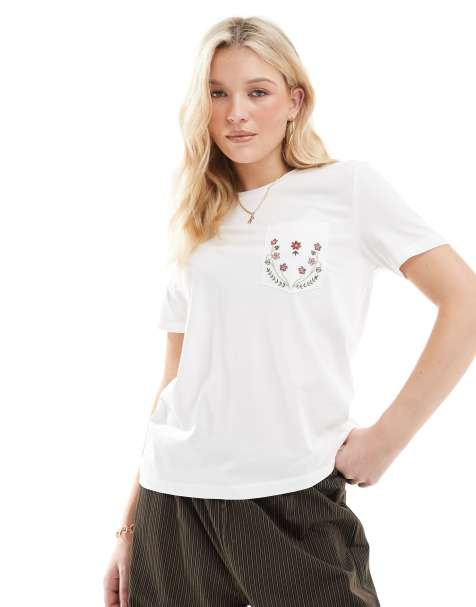 ONLY - Vit, blombroderad t-shirt - view 1