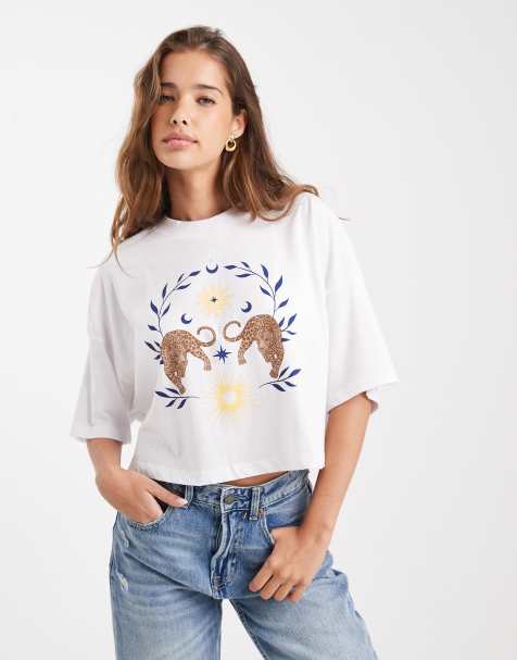 ONLY – Vit, kort t-shirt med leopardtryck - view 1