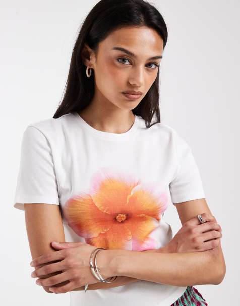 ONLY – Vit t-shirt med hibiskusblomma - view 1