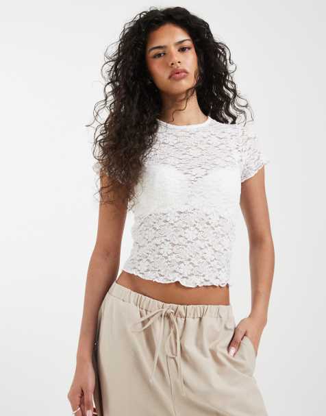 ONLY – Vit t-shirt med spetsdetaljer - view 1