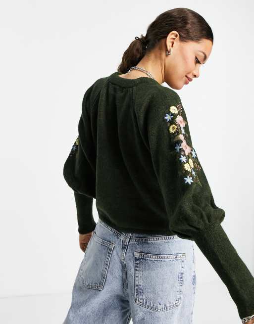 Embroidered sleeve sweater sale