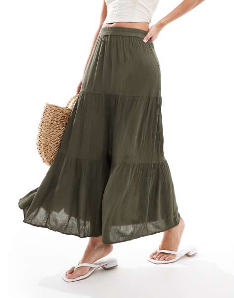 ONLY tiered maxi skirt in khaki 