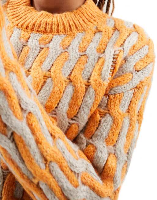 Only wavy round neck jumper in orange and beige, 4 of 4