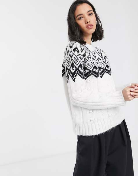 Only – Weißer Strickpullover mit Zopfmuster und Norwegermuster-Detail