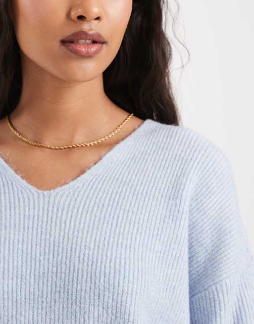 Only – Weiter Pullover in Hellblau mit V-Ausschnitt, 3 von 4