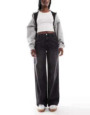 Only West High Waist Carpenter Wide Leg Jeans In Washed Black