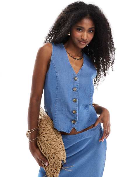 ONLY – Weste aus Chambray-Denim in Mittelblau, Kombiteil - view 1