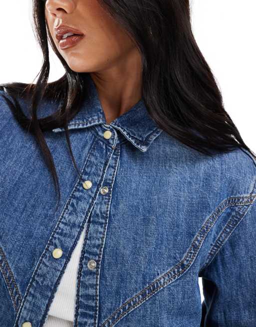 ONLY western detail denim shirt in mid blue