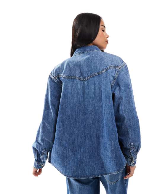 ONLY western detail denim shirt in mid blue
