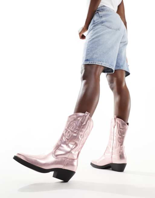 Only - Westernlaarzen met hak in metallic roze 