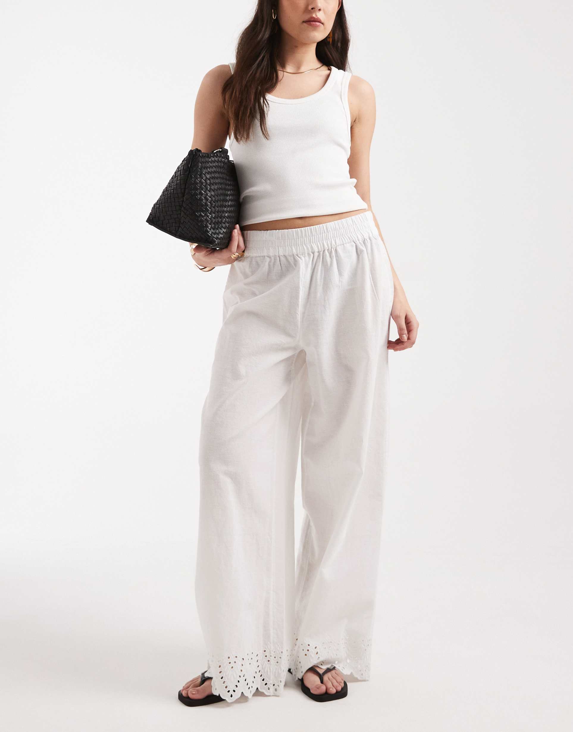 only white pants with embroidered hem in white