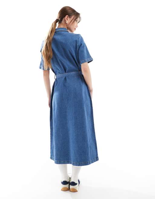 ONLY – Wiązana z przodu niebieska sukienka jeansowa midi, 3 z 4