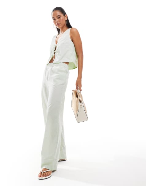 ONLY wide leg boxer detail pants in green gingham - part of a set - view 1