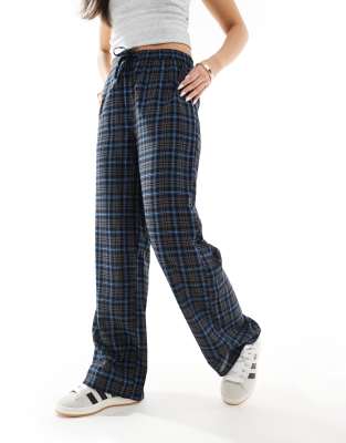 wide leg check pants in dark gray-Brown