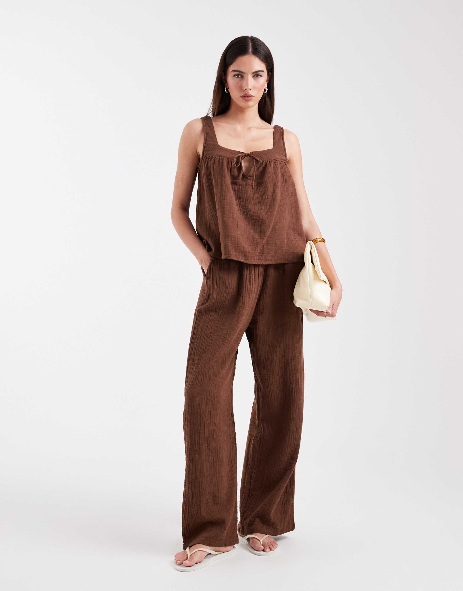 only wide leg cheesecloth pants in brown - part of a set